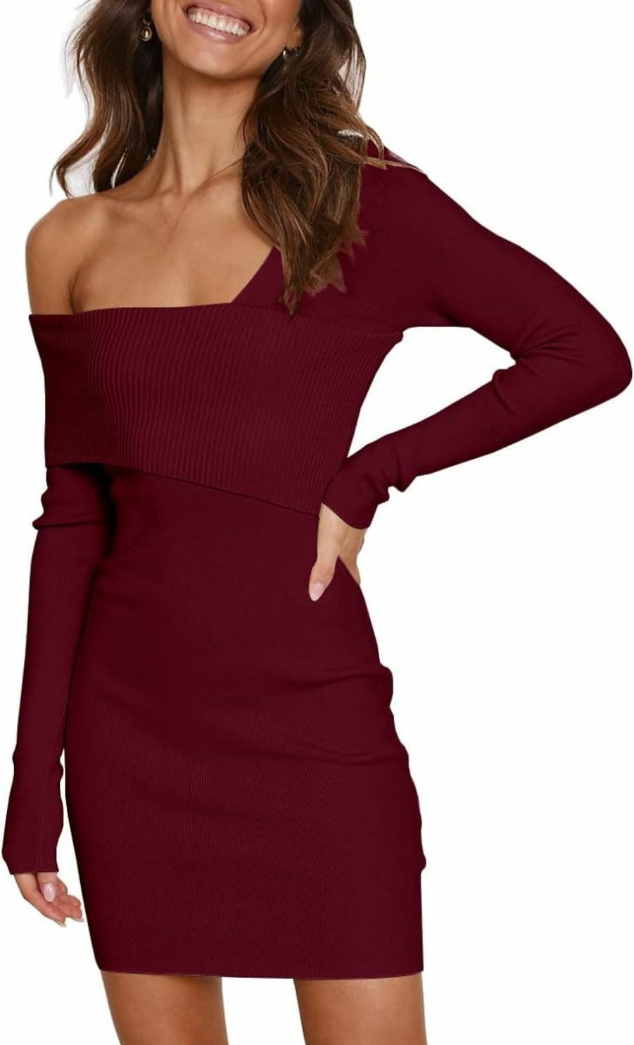 Sweaters | LILLUSORY Lillusory Women'S Off Shoulder Sweater Dress Long Sleeve Bodycon Mini Dress Ribbed Knit Dresses 2024 Spring