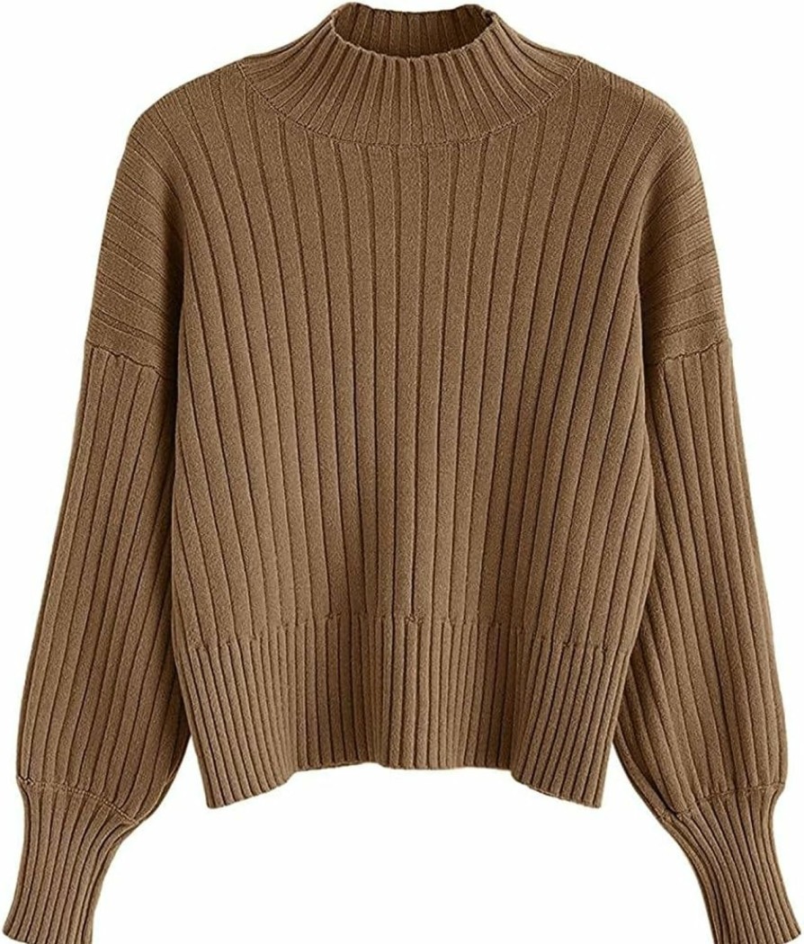 Sweaters | ZAFUL Zaful Women'S Crew Neck Long Sleeve Pullover Crop Sweater Mock Neck Lantern Sleeve Ribbed Knit Jumper Sweater