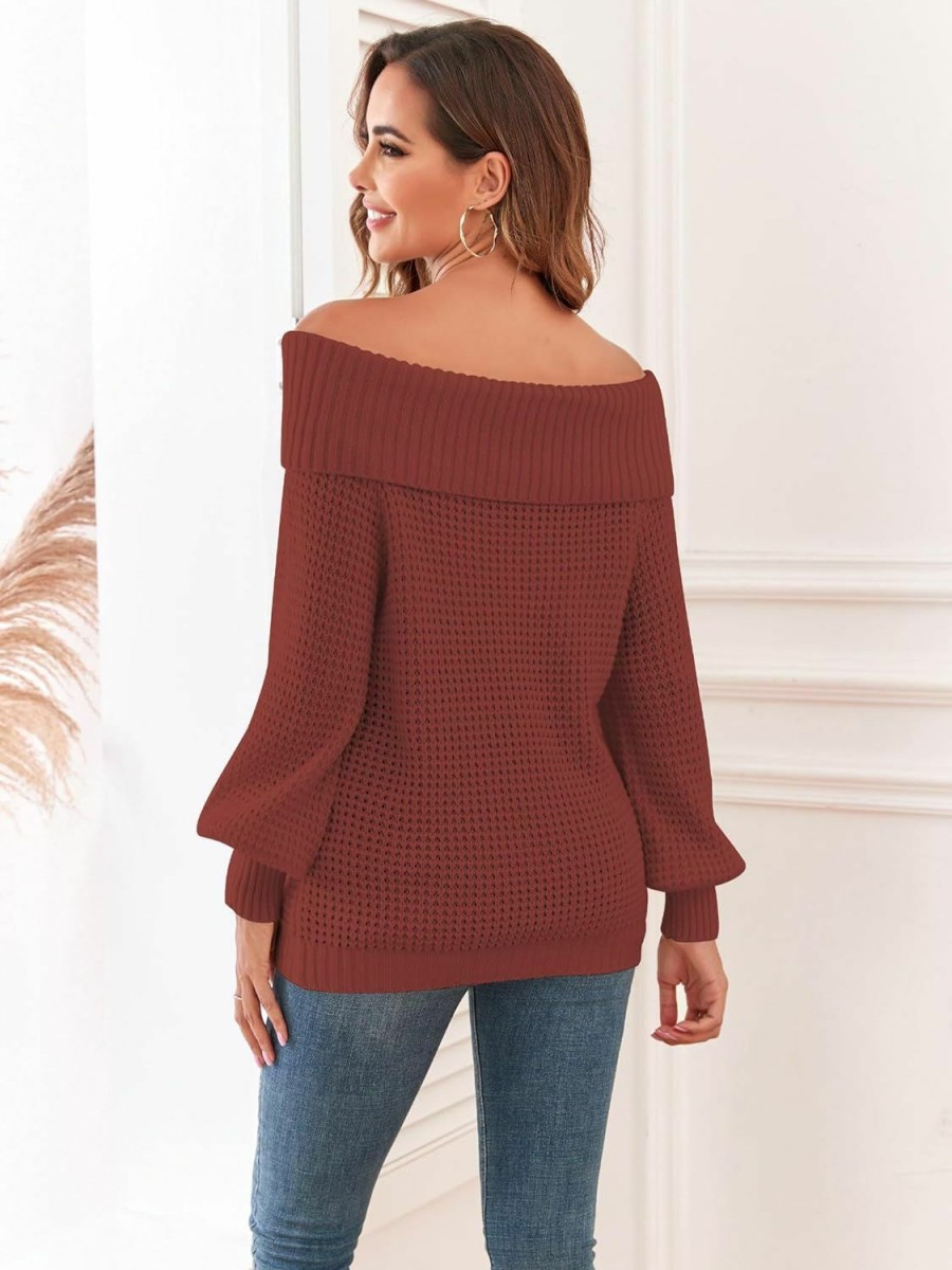 Sweaters | ZAFUL Zaful Women 2023 Waffle Knit Off Shoulder Sweater Lantern Sleeve Ribbed Pullover Jumper Top