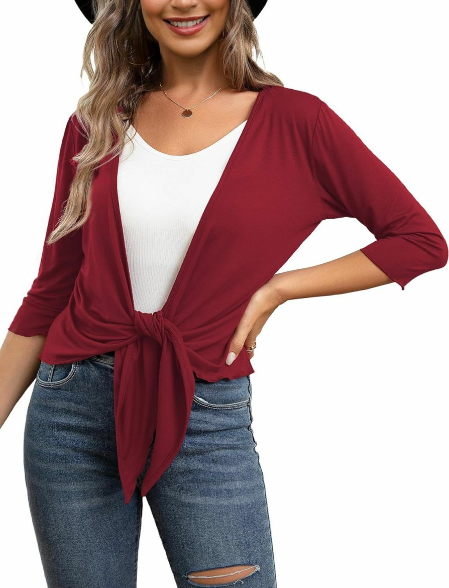 Sweaters | VOIANLIMO Voianlimo Women'S Tie Front Casual 3/4 Sleeve Cropped Bolero Lightweight Sheer Shrug Cardigans S-Xl