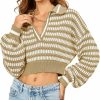 Sweaters | Saodimallsu Saodimallsu Womens Cropped Striped Sweater V Neck Sexy Knit Collared Long Puff Sleeve Cotton Pullover Top