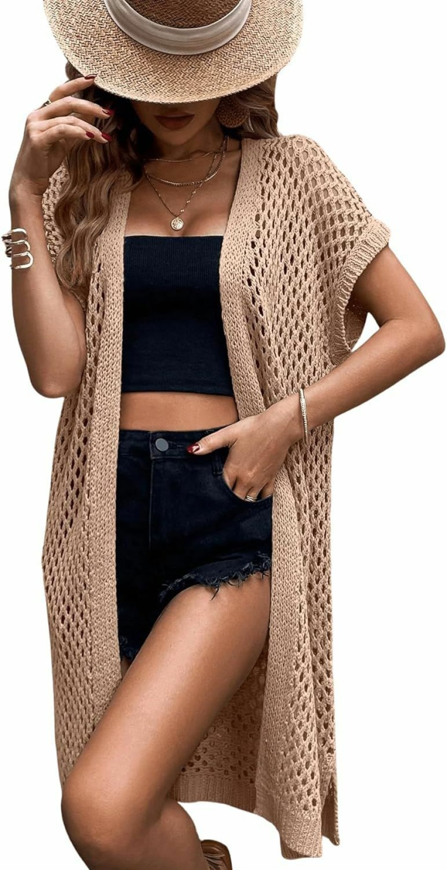 Sweaters | SweatyRocks Sweatyrocks Women'S Short Sleeve Open Front Long Cardigan Hollow Out Knit Loose Sweater Coat