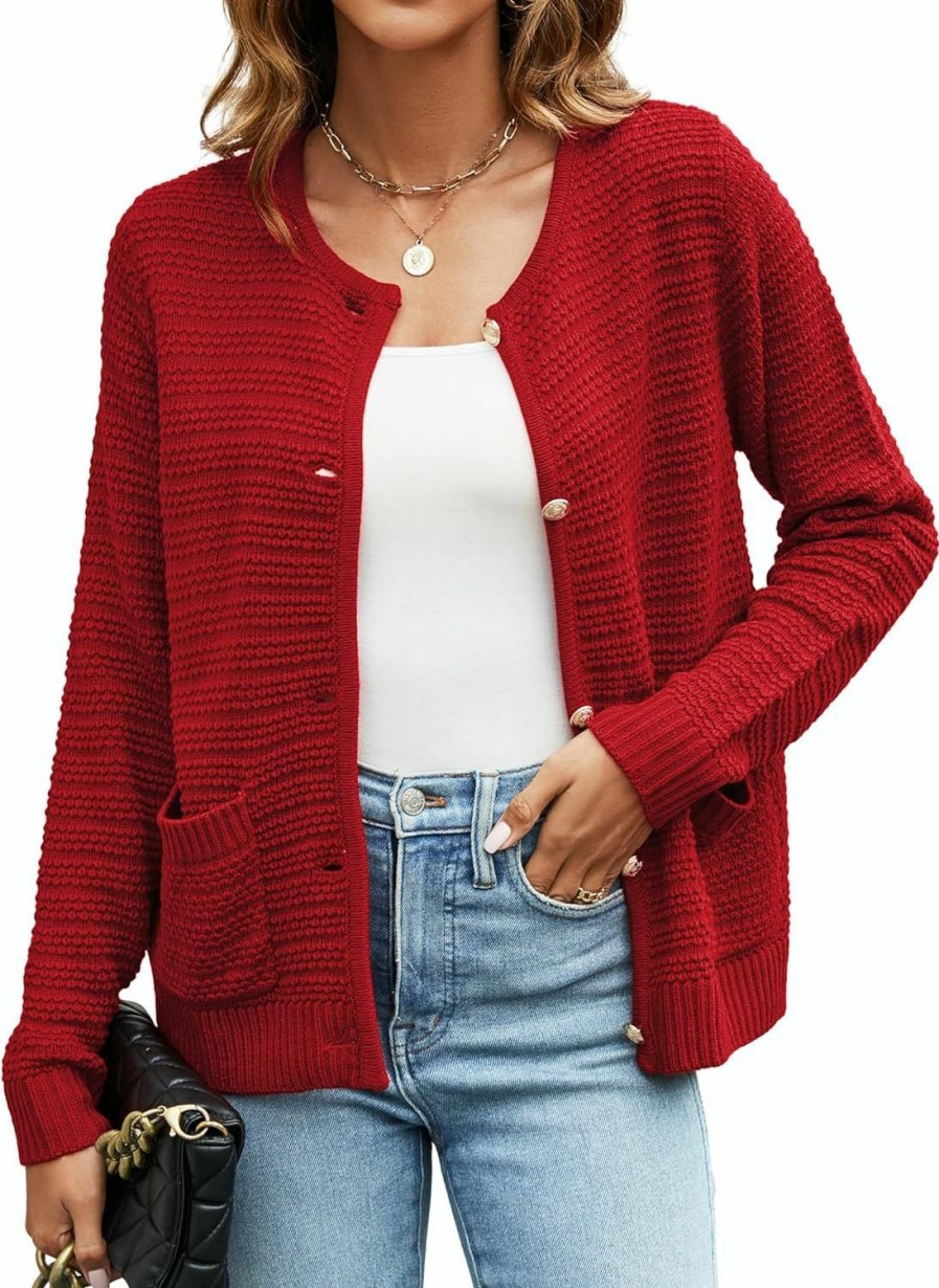 Sweaters | Halife Halife Womens Cardigan Sweaters With Pockets Crew Neck Button Front Knitted Outwear Coat