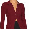 Sweaters | ZAFUL Zaful Women'S V Neck Button Down Ribbed Sweater Cardigan Long Sleeve Polo Collar Slim Knitted Pullover