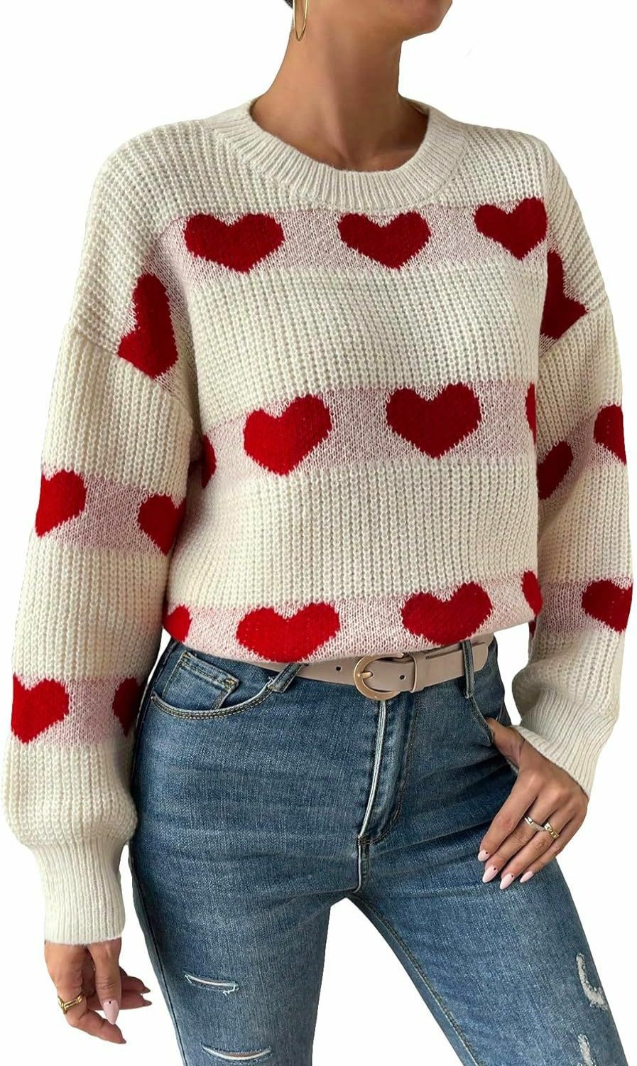 Sweaters | Floerns Floerns Women'S Winter Heart Striped Pattrn Drop Shoulder Round Neck Long Sleeve Casual Sweater Pullover