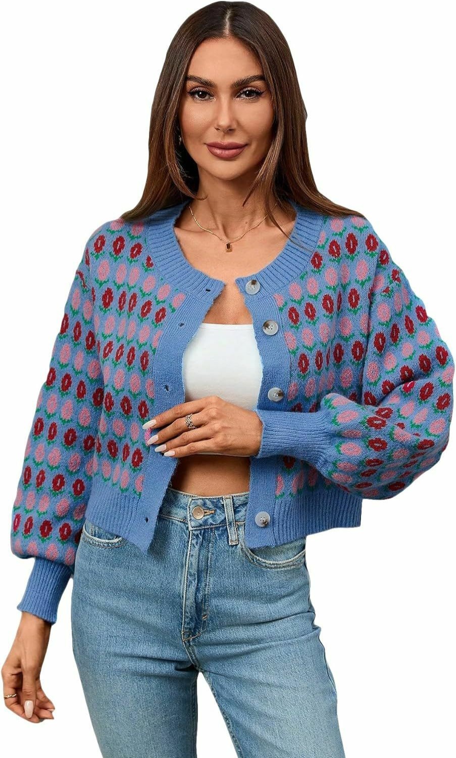 Sweaters | WDIRARA Wdirara Women'S Floral Button Down Ribbed Knit Crew Neck Cropped Cardigan Sweater