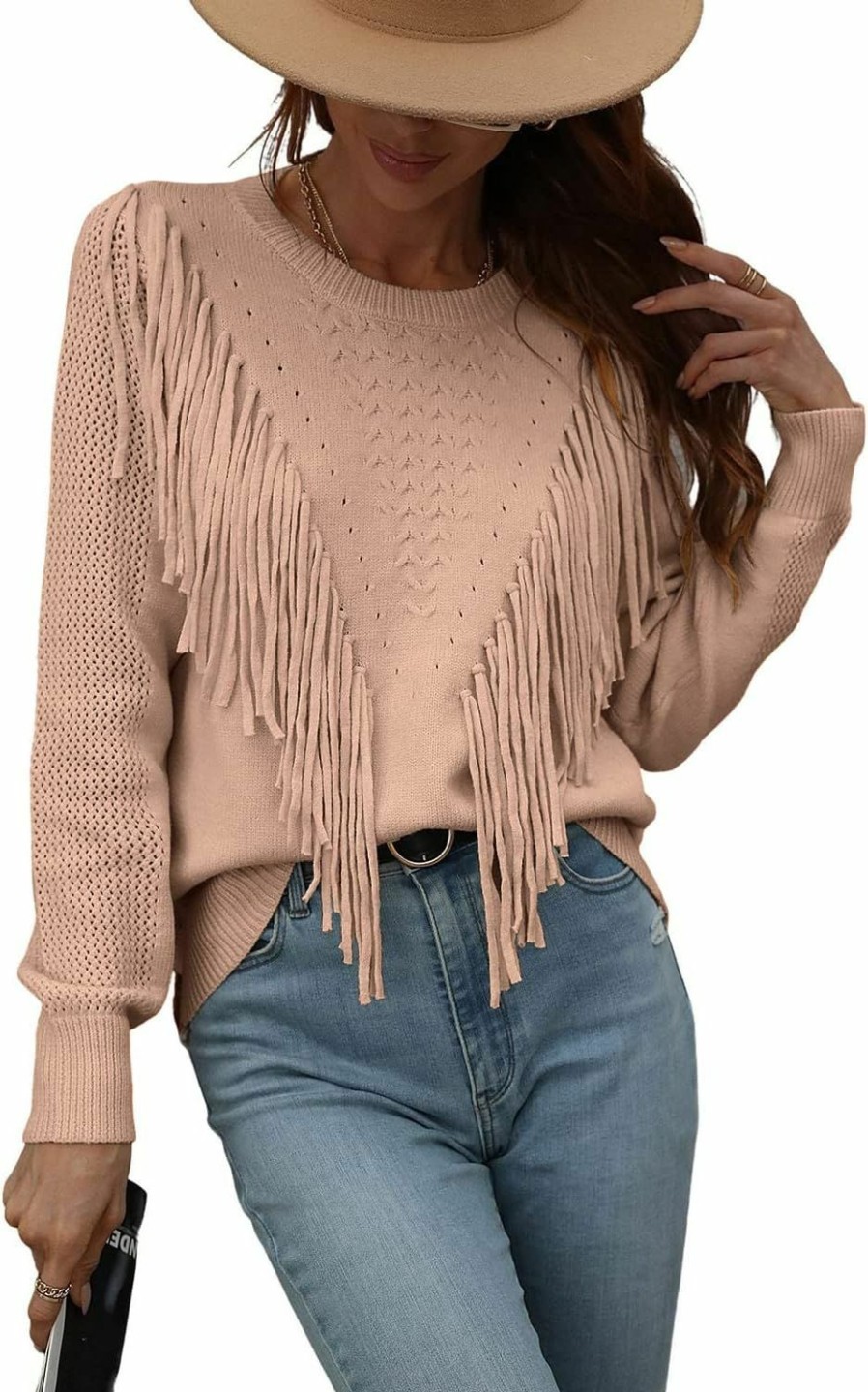 Sweaters | chouyatou Chouyatou Women'S Casual Crewneck Fringe Tassel Knitted Pullover Sweater Jumper Tops