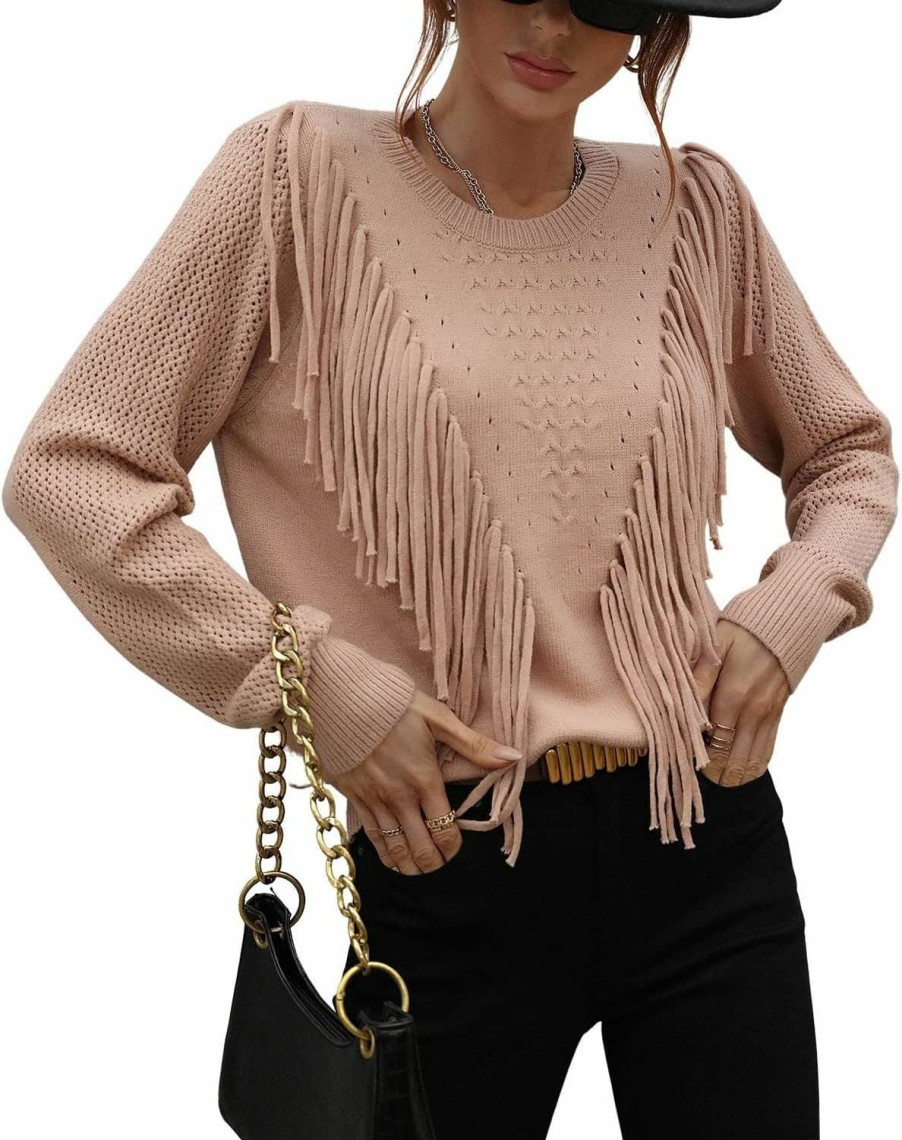 Sweaters | chouyatou Chouyatou Women'S Casual Crewneck Fringe Tassel Knitted Pullover Sweater Jumper Tops