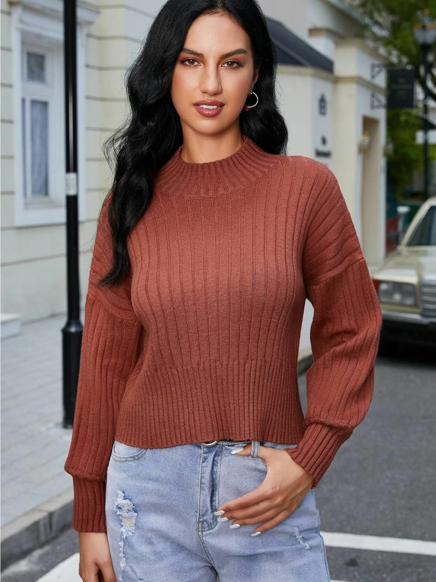 Sweaters | ZAFUL Zaful Women'S Mock Neck Sweater Long Sleeve Ribbed Knit Basic Cropped Pullover Sweater