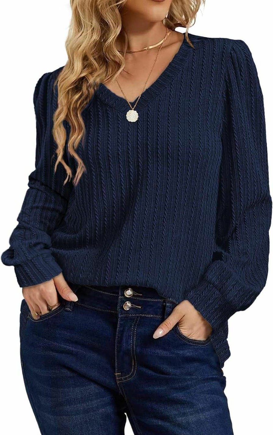 Sweaters | XMTOPYE Women'S Fashion 2024 Casual Long Sleeve Tops V Neck Thin Knit Shirts Spring Summer