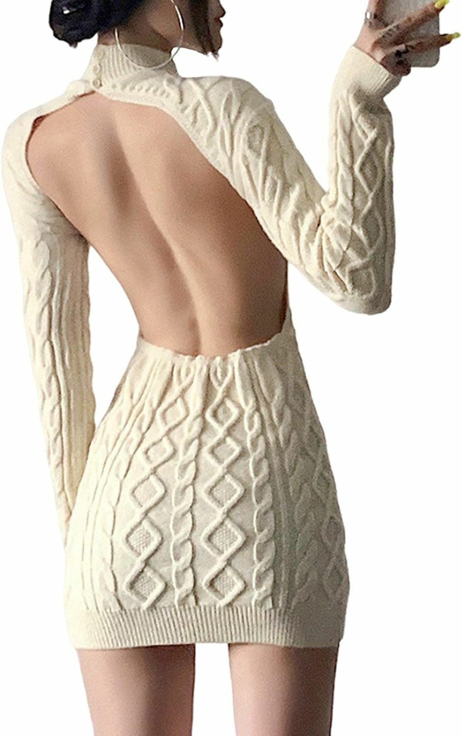 Sweaters | xxxiticat Xxxiticat Women'S High Neck Sweater Dress Long Sleeve Backless Cut Out See Through Cable Knitted Turtleneck Sweaters