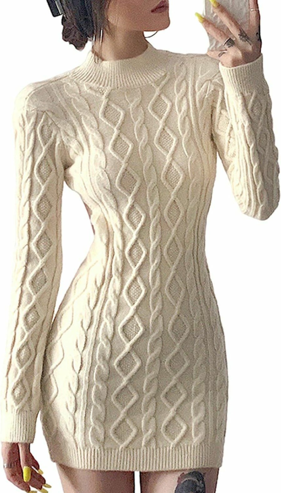 Sweaters | xxxiticat Xxxiticat Women'S High Neck Sweater Dress Long Sleeve Backless Cut Out See Through Cable Knitted Turtleneck Sweaters