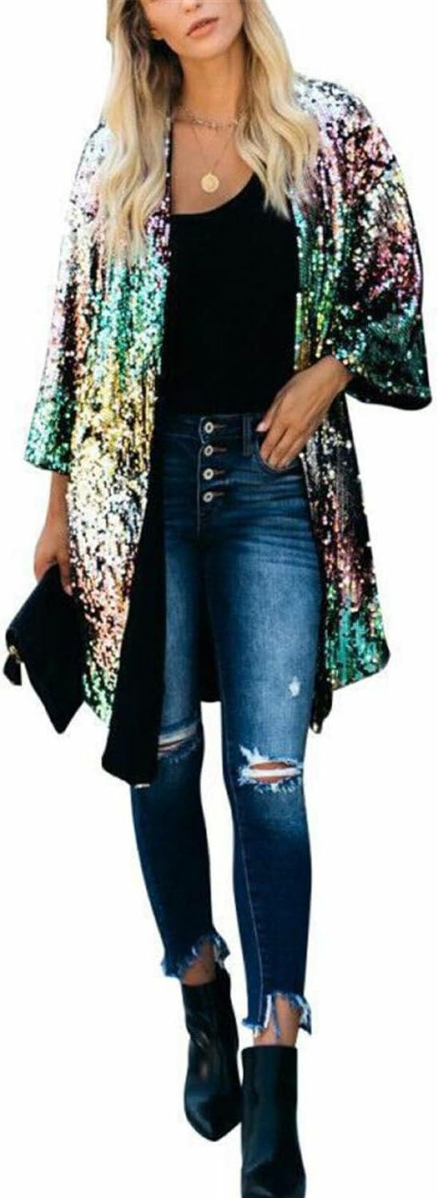 Sweaters | Antique Style Women Sparkly Sequins Flared 3/4 Sleeve Open Front Coat Glittery Cardigan Party Bar Clubwear