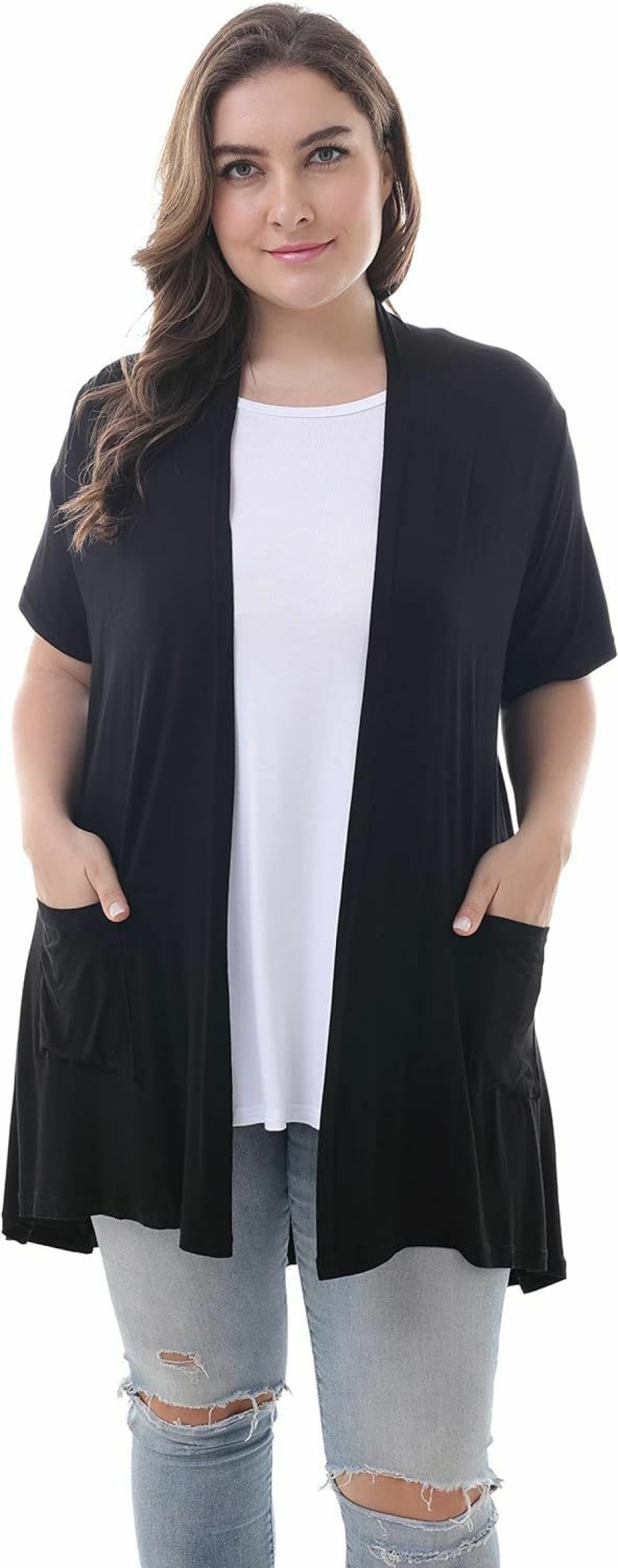 Sweaters | ZERDOCEAN Zerdocean Women'S Plus Size Short Sleeve Lightweight Soft Printed Drape Cardigan With Pockets