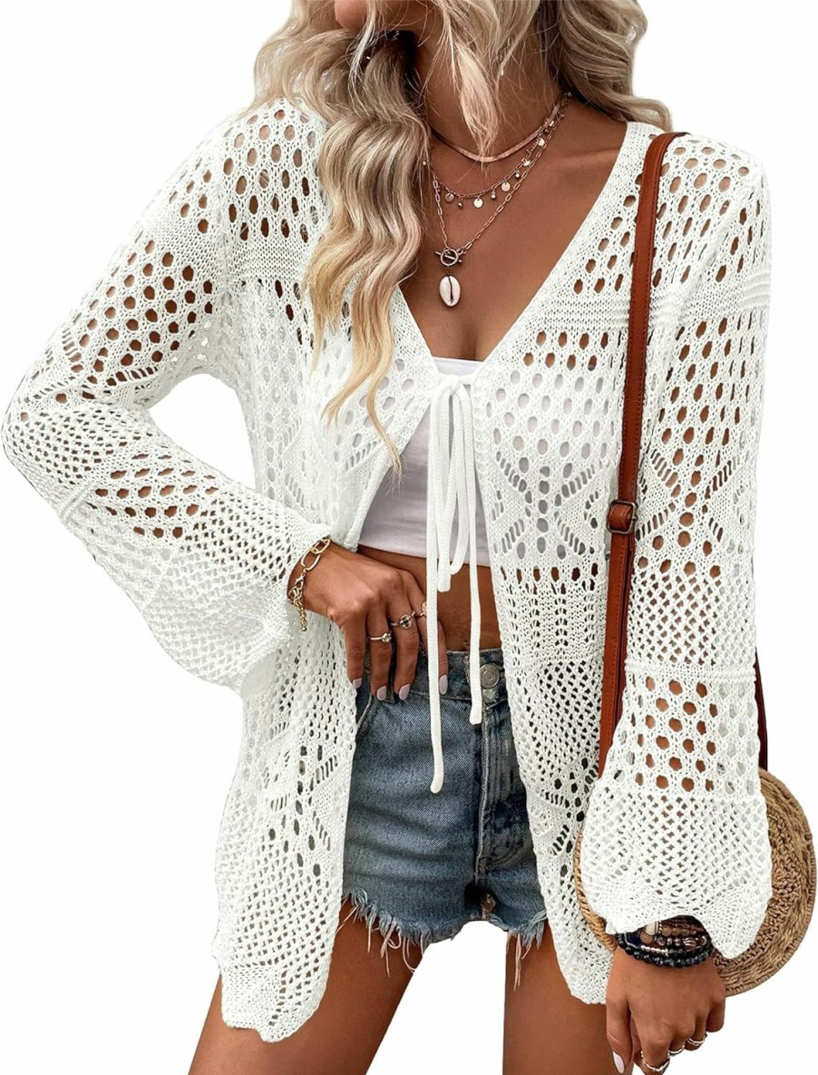 Sweaters | XuBa Women'S Crochet Cardigan Light Weight Long Sleeve Tie Front Hollow Out Thin Cardigan