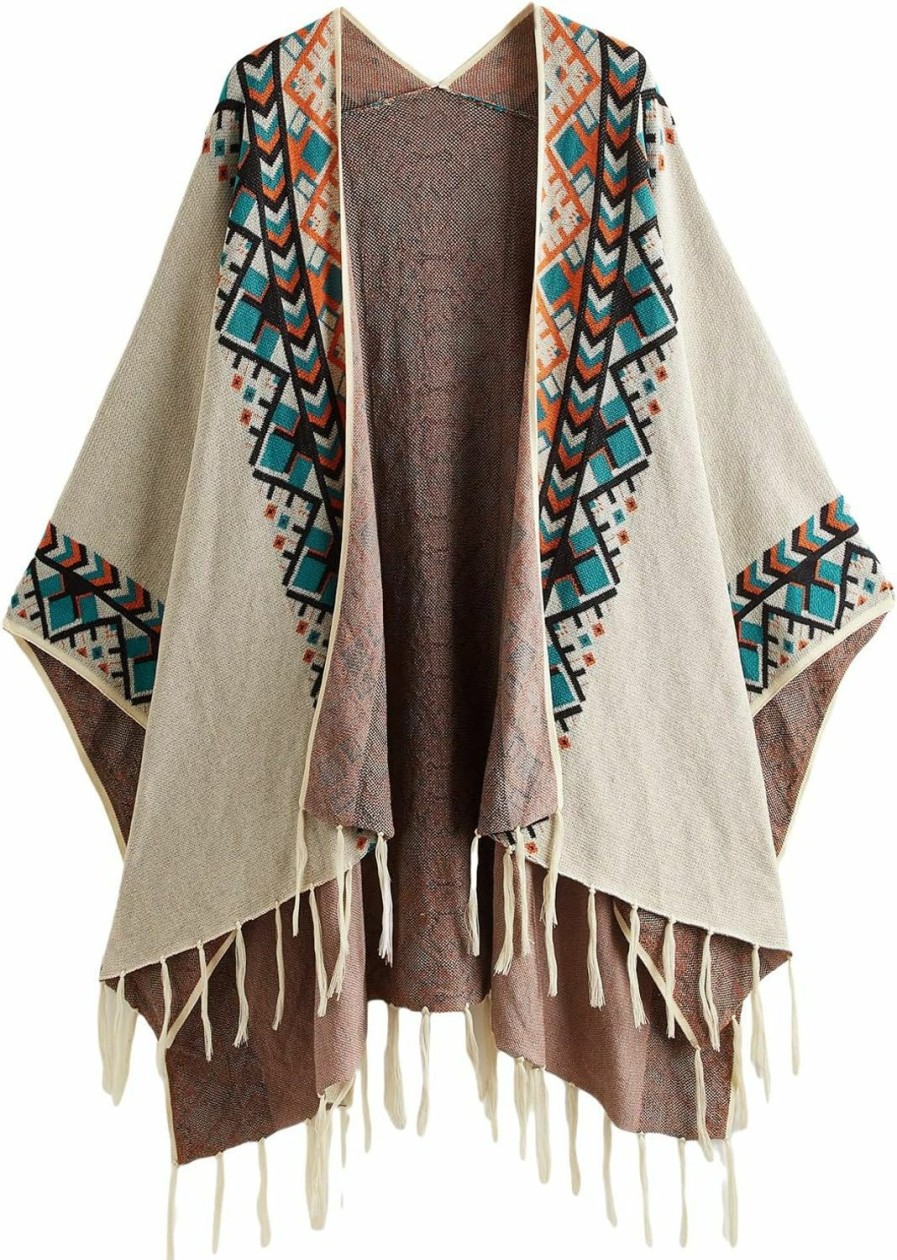 Sweaters | Verdusa Verdusa Women'S Printed Tassel Open Front Poncho Cape Cardigan Wrap Shawl