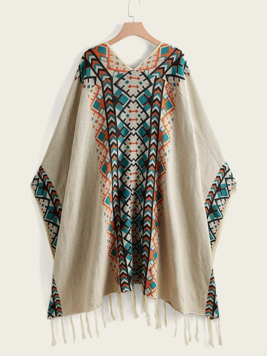 Sweaters | Verdusa Verdusa Women'S Printed Tassel Open Front Poncho Cape Cardigan Wrap Shawl