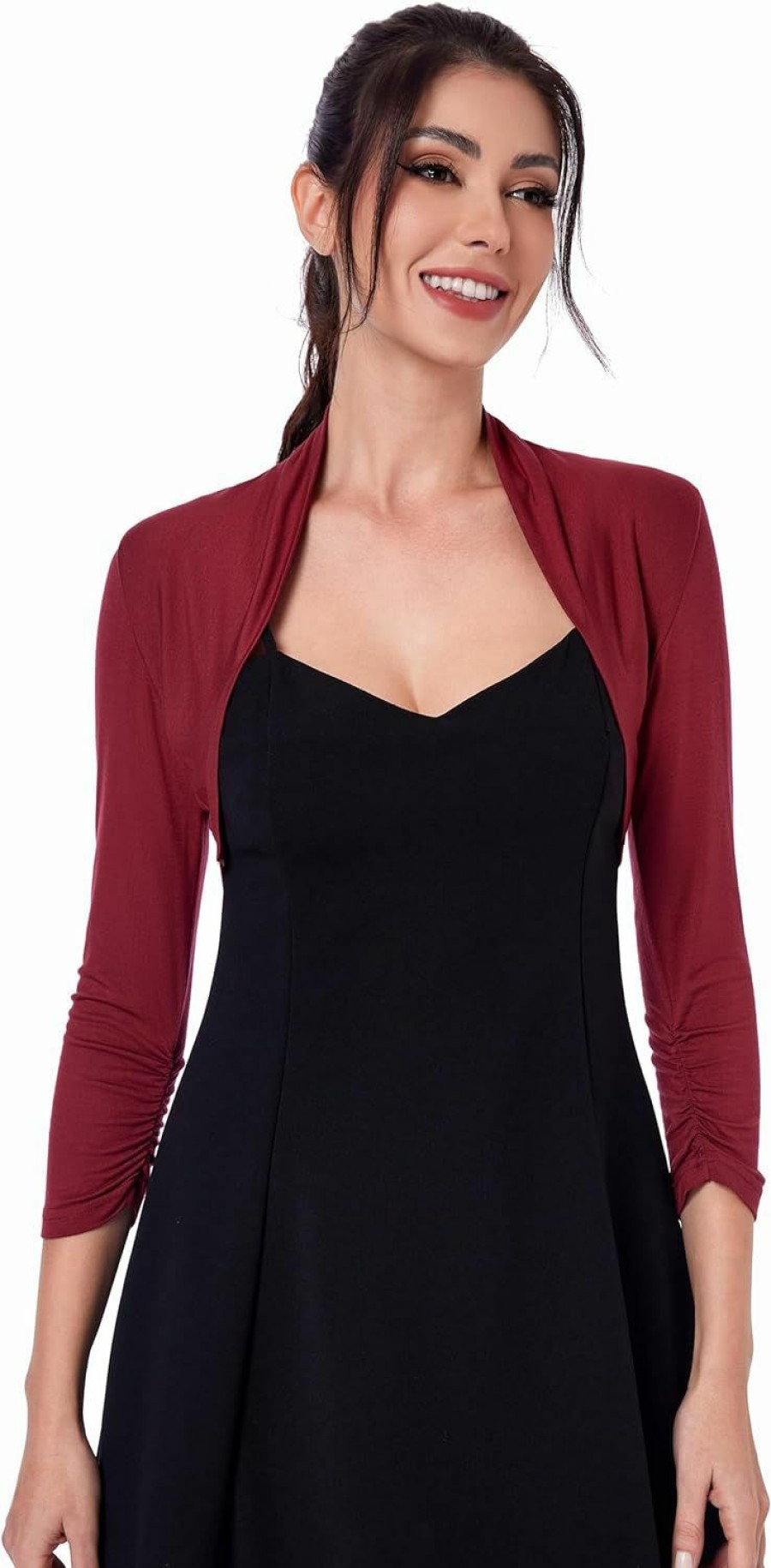 Sweaters | AmelieBoutik Amelieboutik Women Ruched 3/4 Sleeve Bolero Cropped Cardigan Shrug