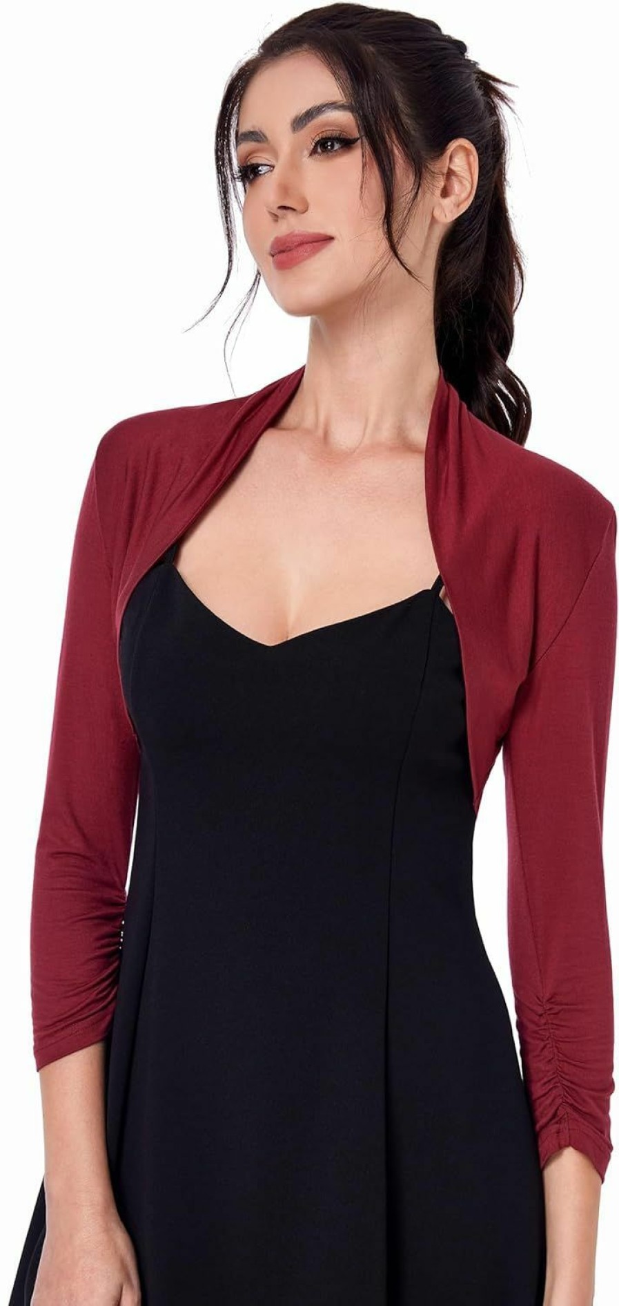 Sweaters | AmelieBoutik Amelieboutik Women Ruched 3/4 Sleeve Bolero Cropped Cardigan Shrug