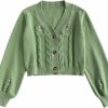 Sweaters | ZAFUL Zaful Women'S Button Up Embroidered Cable Knit Cardigan V Neck Long Sleeve Cropped Sweater