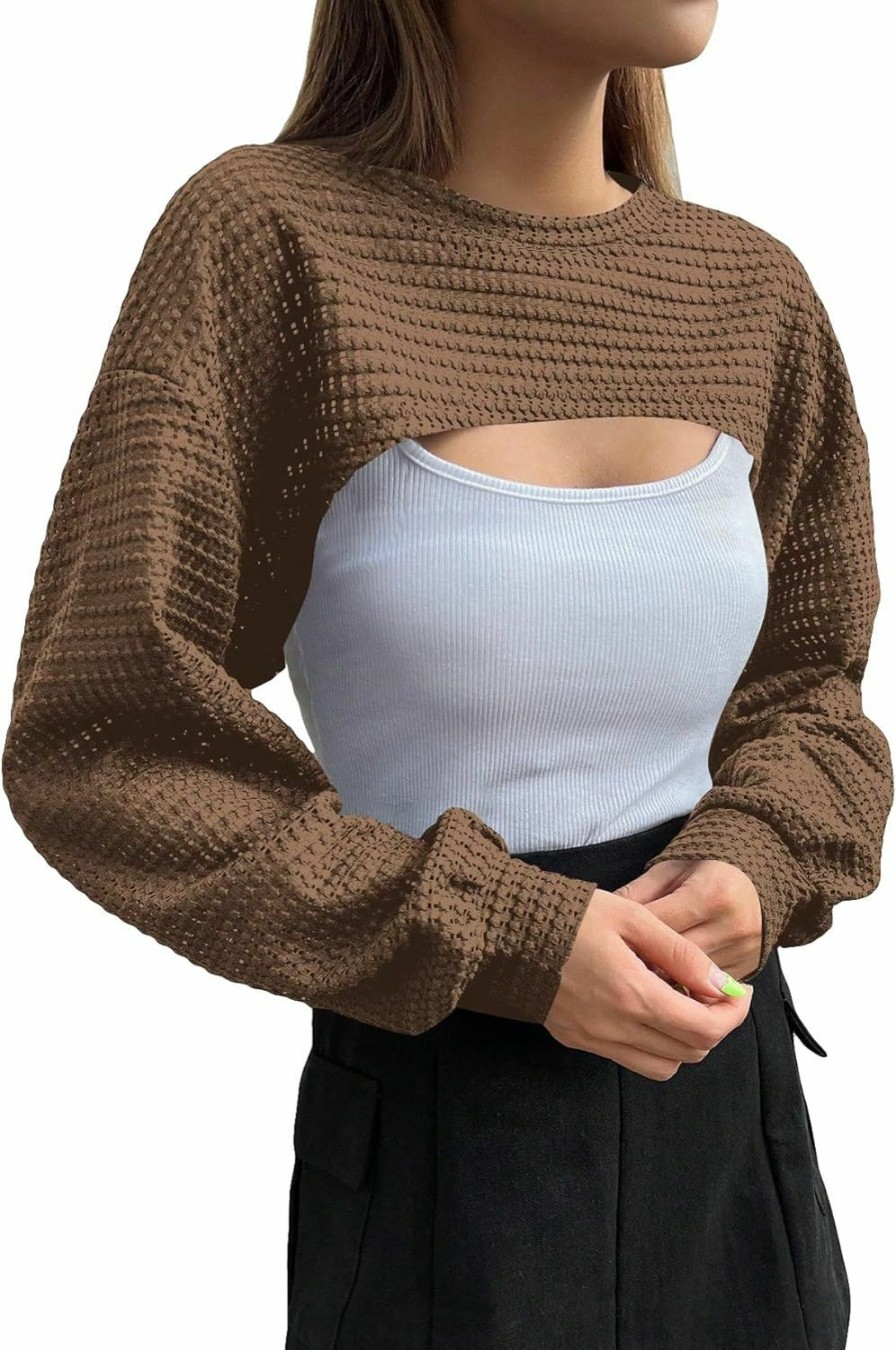 Sweaters | Verdusa Verdusa Women'S Crop Cover Up Long Sleeve Pointelle Knit Hollow Out Crochet See Through Knit Top