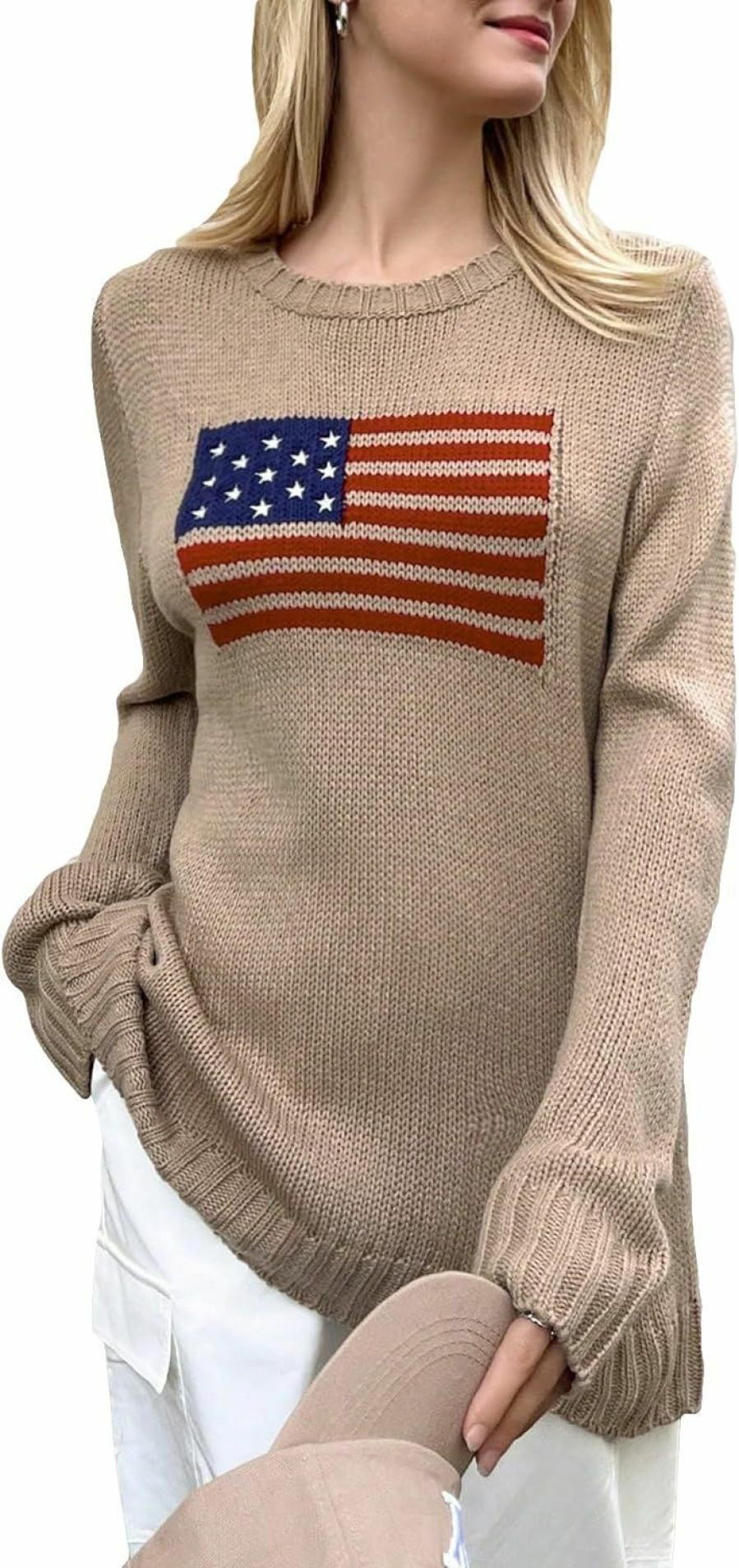 Sweaters | SweatyRocks Sweatyrocks Women'S Flag Pattern Long Sleeve Round Neck Sweater Casual Loose Pullover Sweater