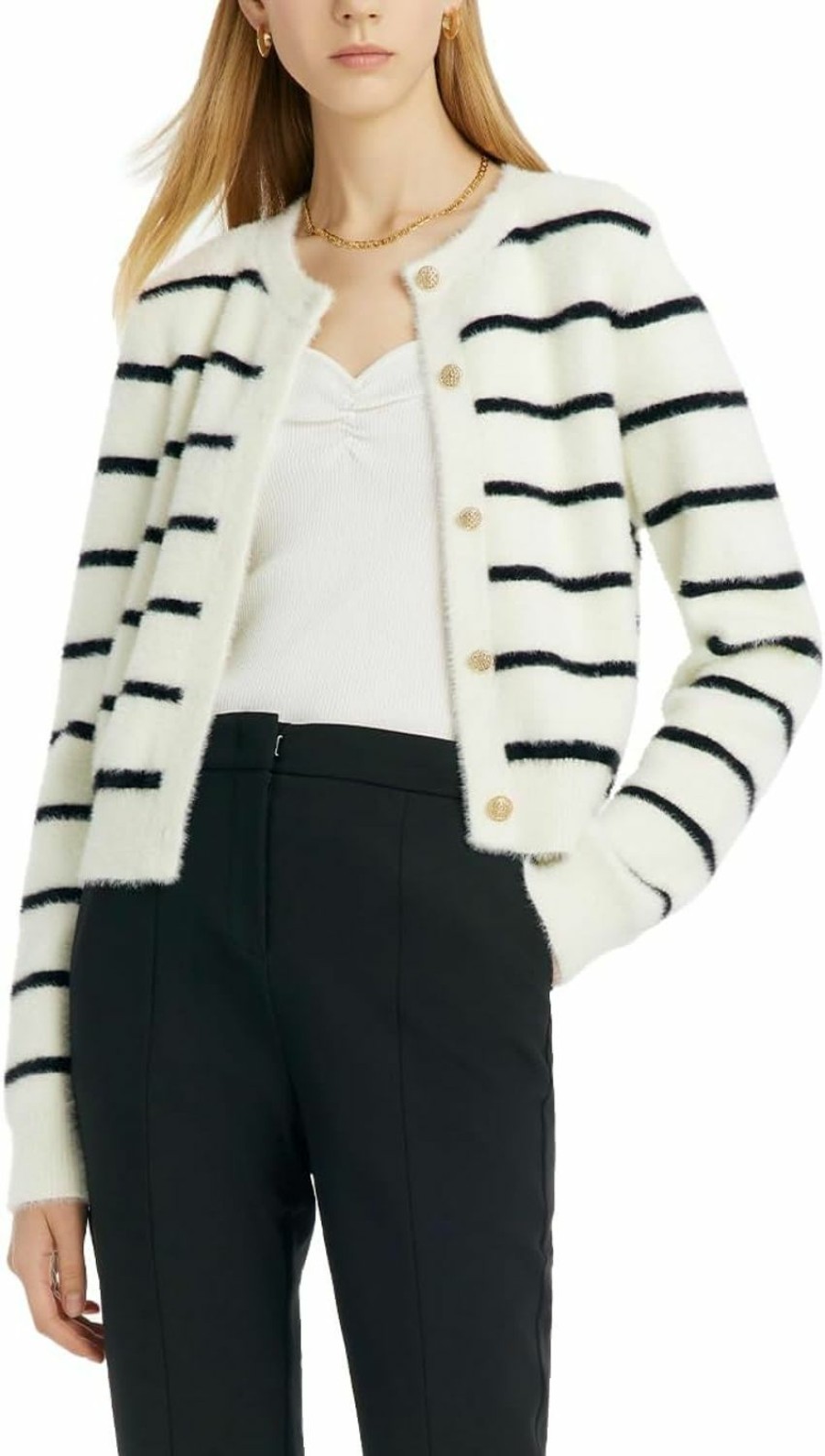 Sweaters | GOELIA Women'S Eco-Friendly Mink Black And White Striped Cardigan Sweaters Casual Knitted Long Sleeve Crew Neck