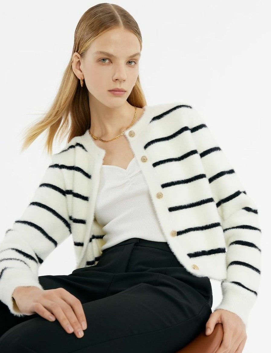 Sweaters | GOELIA Women'S Eco-Friendly Mink Black And White Striped Cardigan Sweaters Casual Knitted Long Sleeve Crew Neck