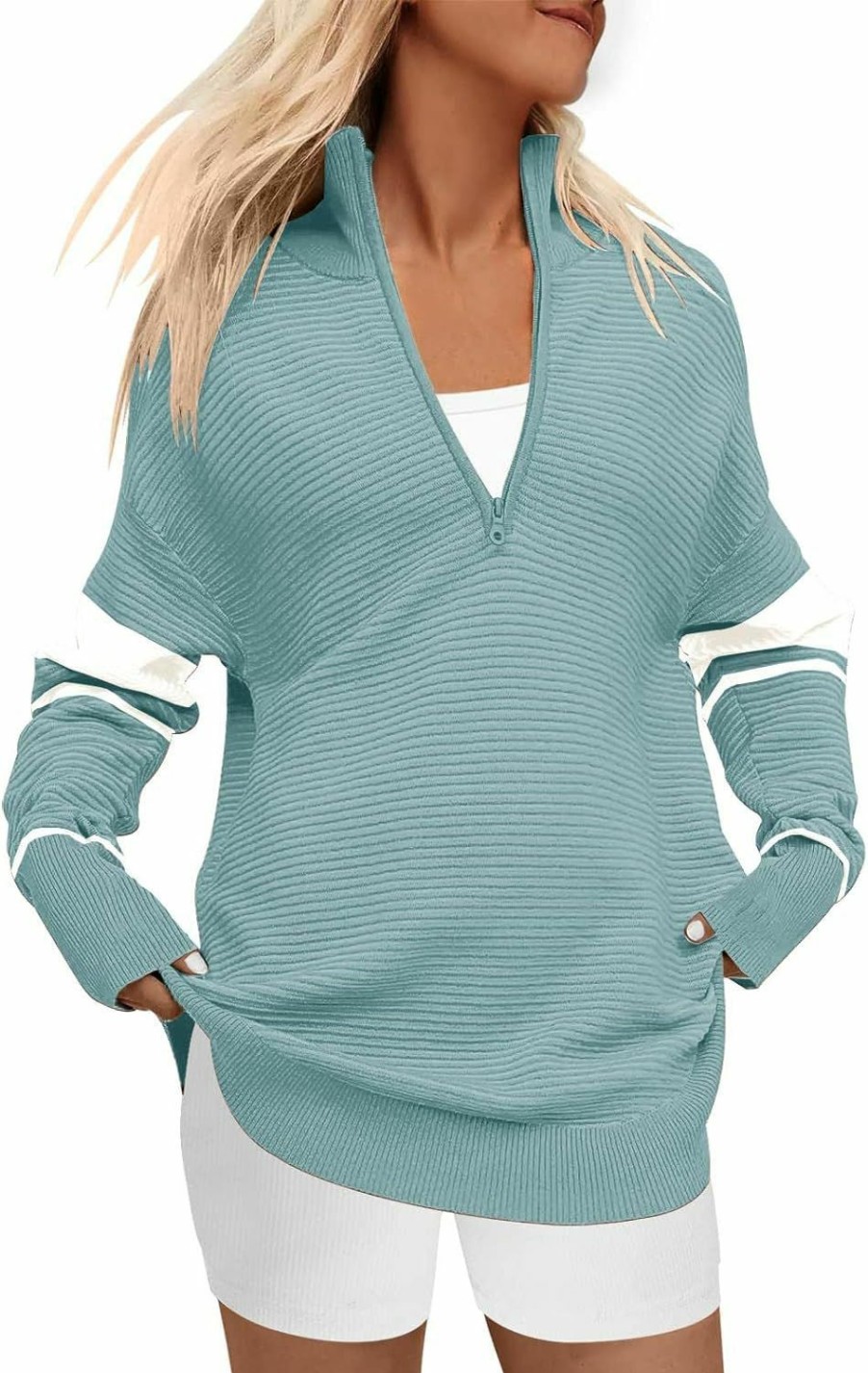 Sweaters | DEEP SELF Deep Self Fall Women V Neck 1/4 Zip Pullover Stretch Sweater Long Sleeve Stand Collared Ribbed Knitted Solid Sweaters