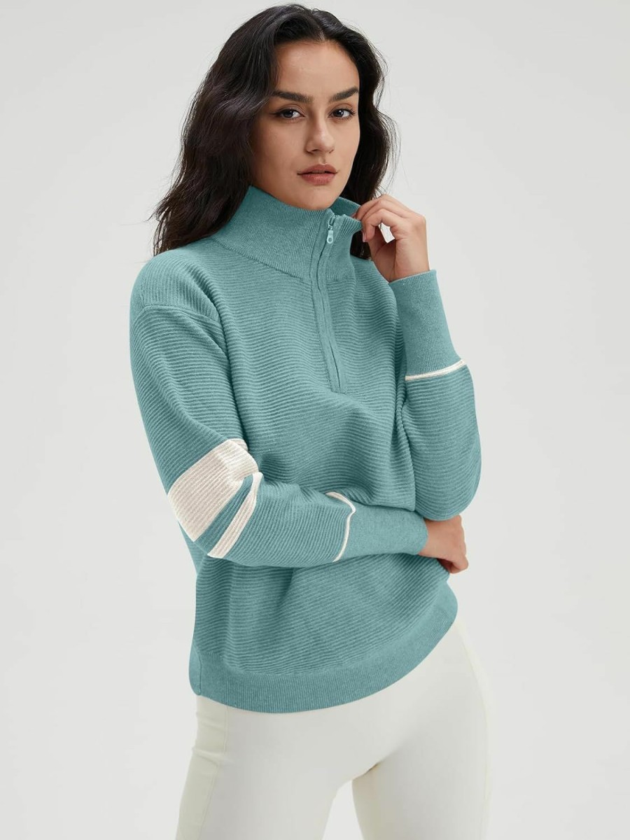 Sweaters | DEEP SELF Deep Self Fall Women V Neck 1/4 Zip Pullover Stretch Sweater Long Sleeve Stand Collared Ribbed Knitted Solid Sweaters