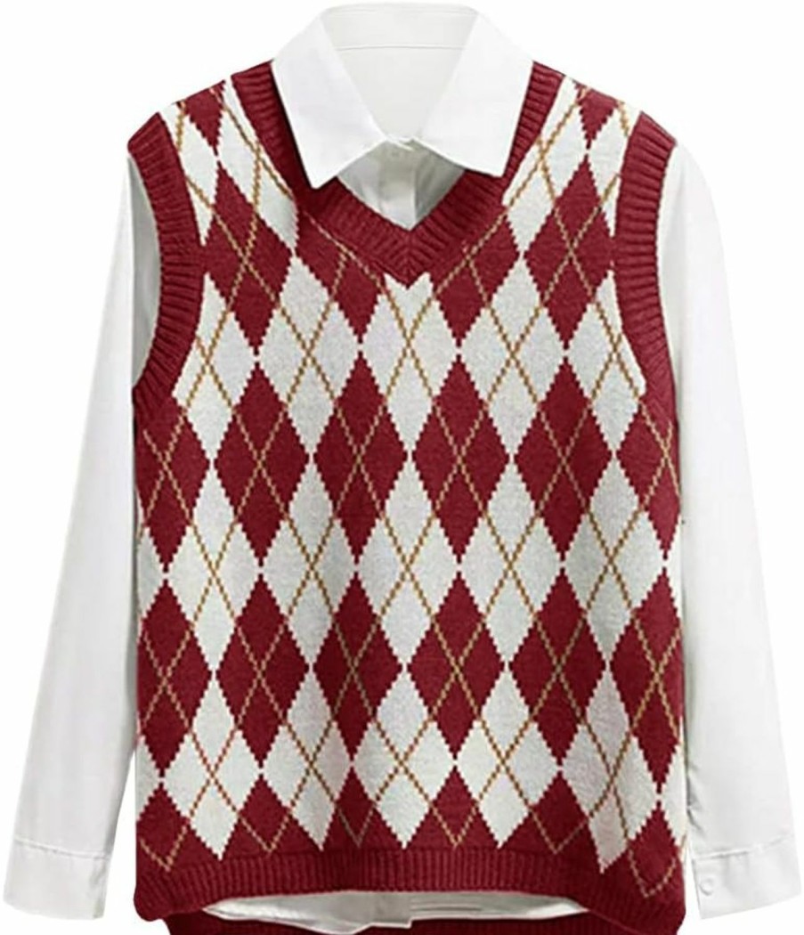 Sweaters | Lailezou Women'S V Neck Knit Sweater Vest Argyle Plaid Preppy Style Sleeveless Crop Knitwear Tank