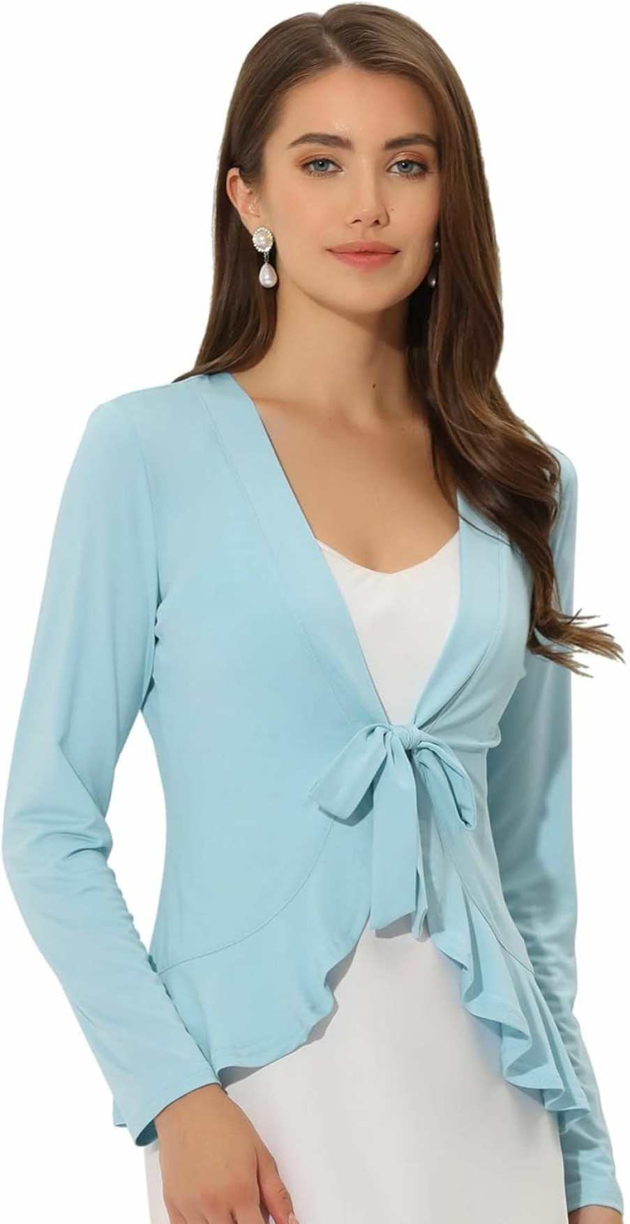 Sweaters | Allegra K Allegra K Women'S Open Cardigans Ruffled Long Sleeve Dressy Tie Front Cardigan