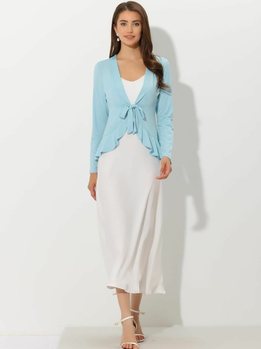 Sweaters | Allegra K Allegra K Women'S Open Cardigans Ruffled Long Sleeve Dressy Tie Front Cardigan