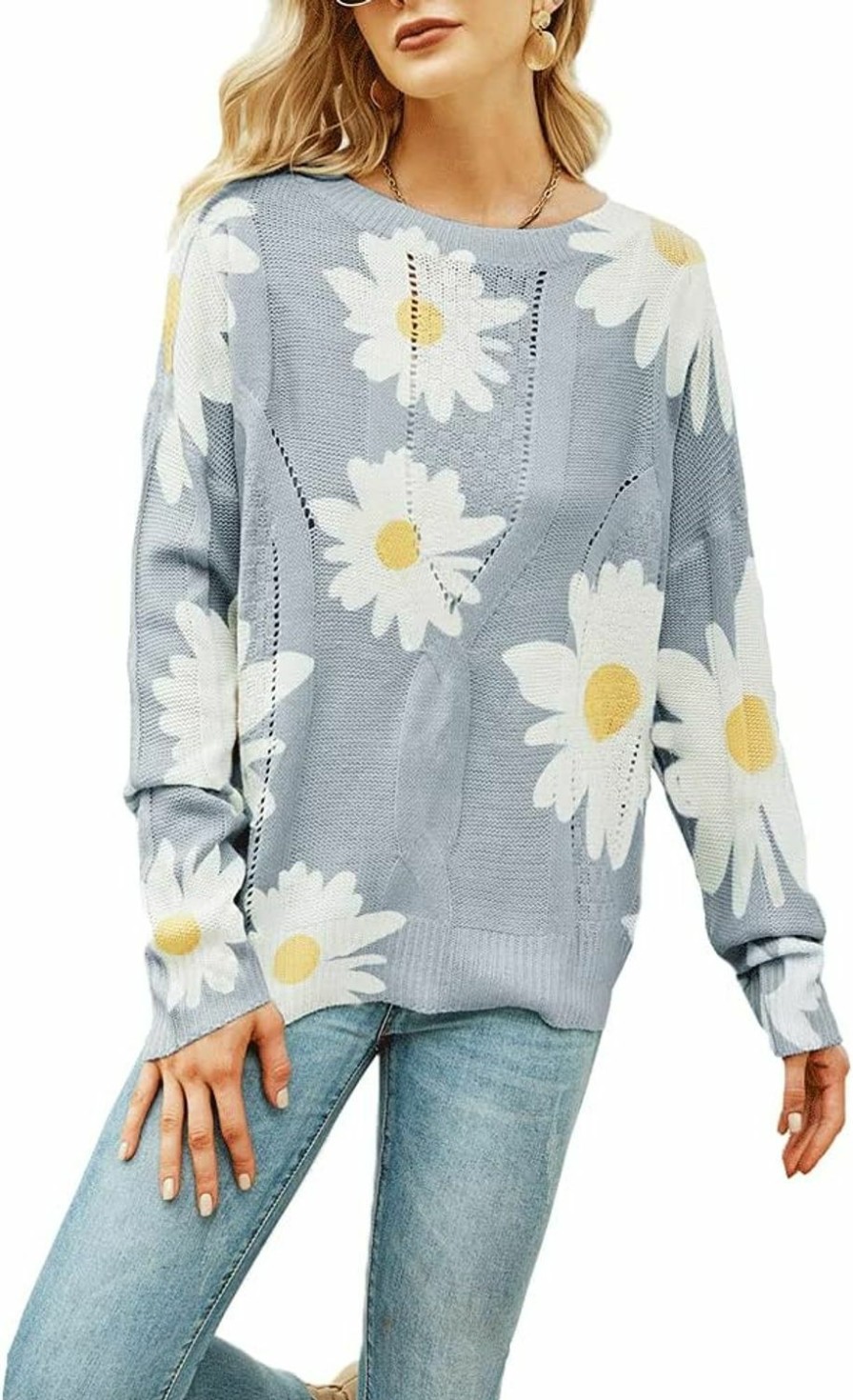 Sweaters | chouyatou Chouyatou Women'S Crewneck Long Sleeve Floral Printed Knitted Sweater Pullover Tops