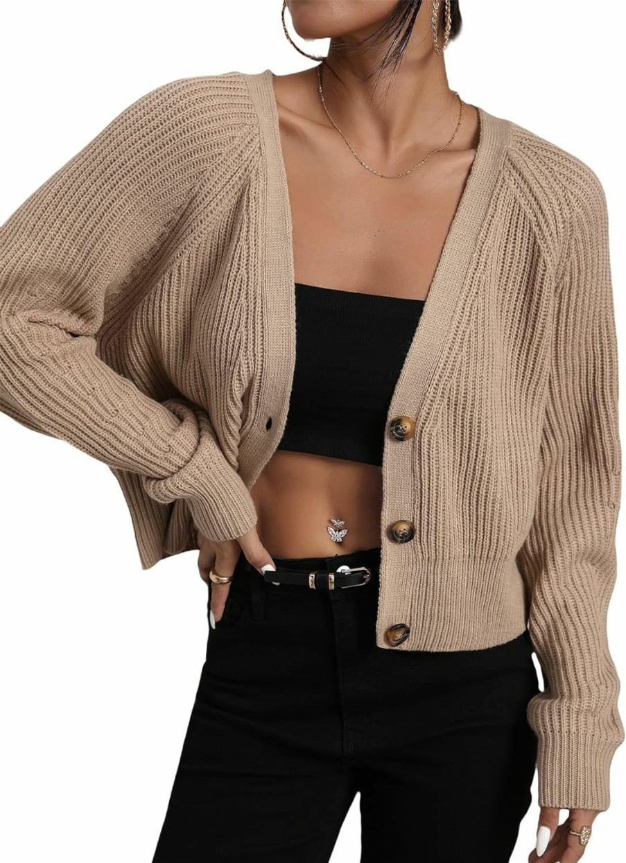 Sweaters | MakeMeChic Makemechic Women'S Casual V Neck Button Up Long Sleeve Cropped Cardigan Sweater