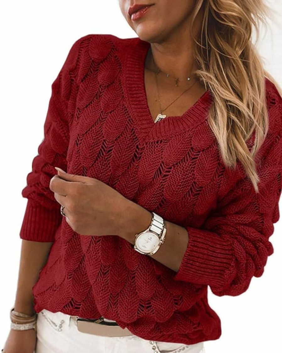 Sweaters | Langwyqu Women'S V Neck Long Sleeve Pullover Sweater Lightweight Knit Sweaters Novelty Sweaters