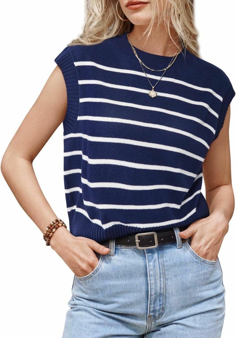 Sweaters | Arach&Cloz Arach&Cloz Womens Spring Summer 2024 Sweater Vest Cap Sleeve Crew Neck Striped Fashion Casual Sleeveless Cropped Tops Clothes