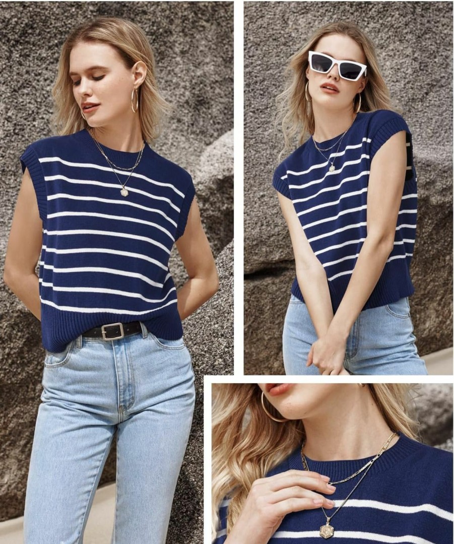 Sweaters | Arach&Cloz Arach&Cloz Womens Spring Summer 2024 Sweater Vest Cap Sleeve Crew Neck Striped Fashion Casual Sleeveless Cropped Tops Clothes