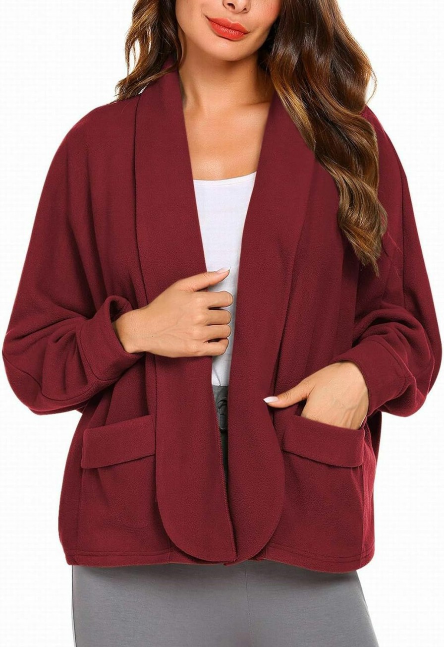 Sweaters | Ekouaer Ekouaer Women Winter Fleece Bed Jacket Lapel Collar Cropped Coat Loose Open Front Cardigan