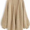 Sweaters | CHICWISH Chicwish Women'S Classy Tan/Pink/Blue Fuzzy Bubble Sleeves Open Front Waffle Knit Cardigan Coatigan