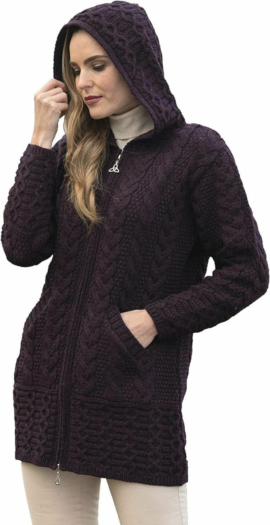 Sweaters | Aran Crafts Aran Crafts Women'S Irish Cable Knitted Hooded Zip Coat (100% Merino Wool)