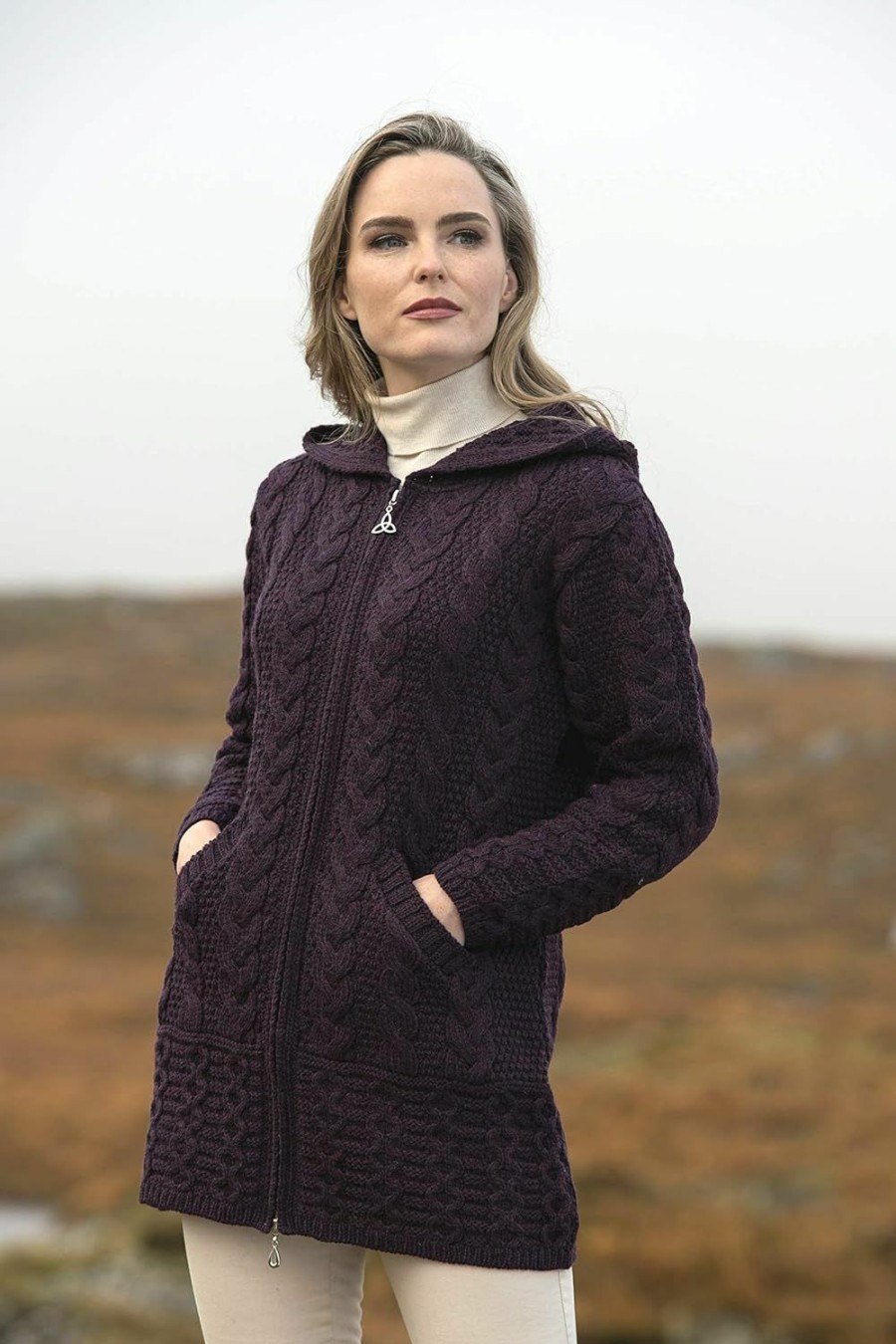 Sweaters | Aran Crafts Aran Crafts Women'S Irish Cable Knitted Hooded Zip Coat (100% Merino Wool)