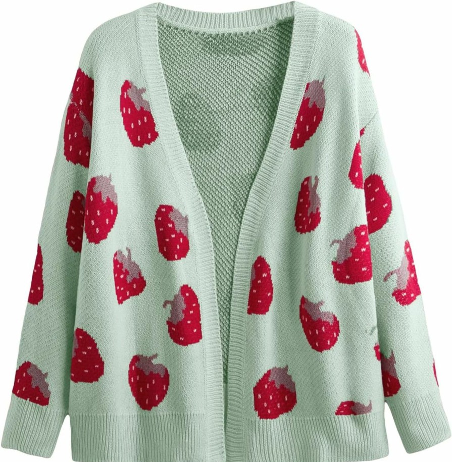 Sweaters | MakeMeChic Makemechic Women'S Plus Size Strawberry Print Long Sleeve Open Front Knit Cardigan Sweater