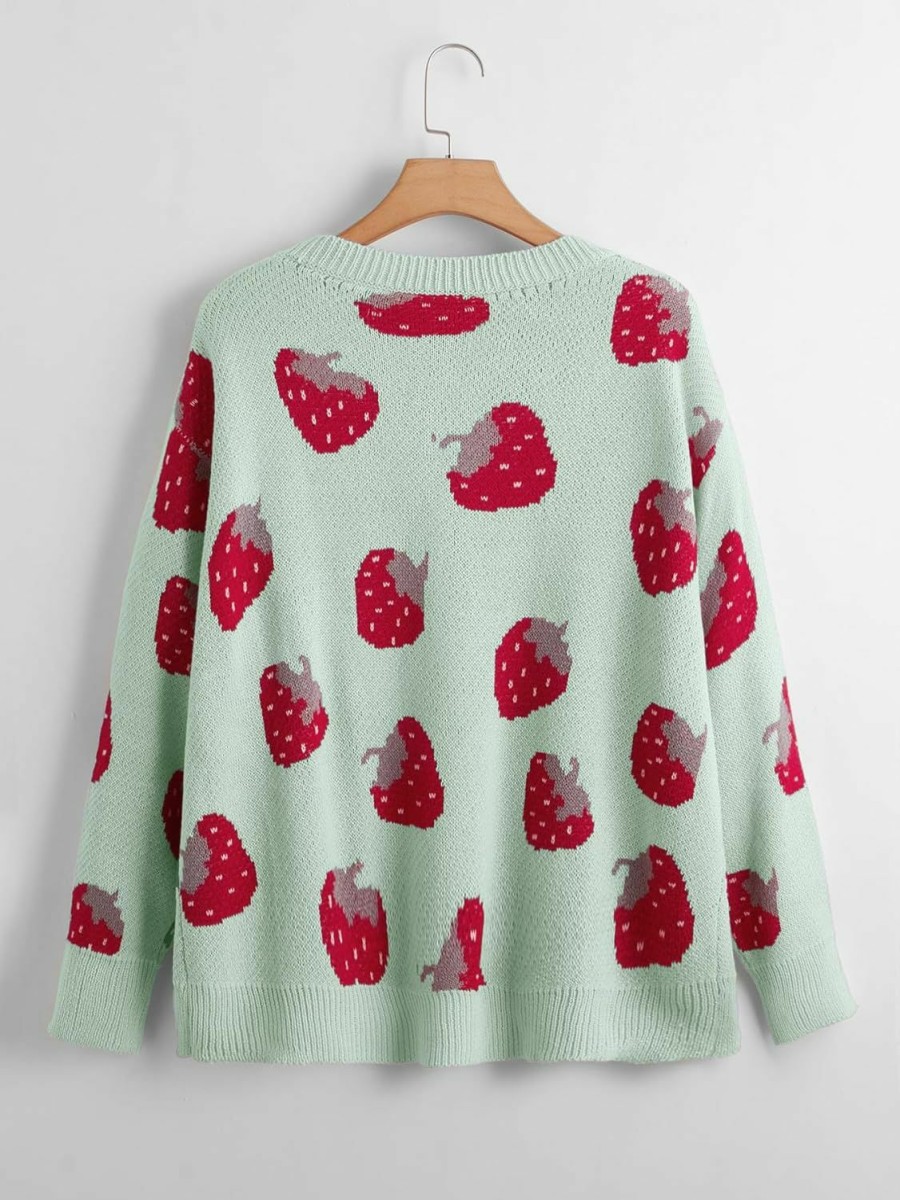 Sweaters | MakeMeChic Makemechic Women'S Plus Size Strawberry Print Long Sleeve Open Front Knit Cardigan Sweater