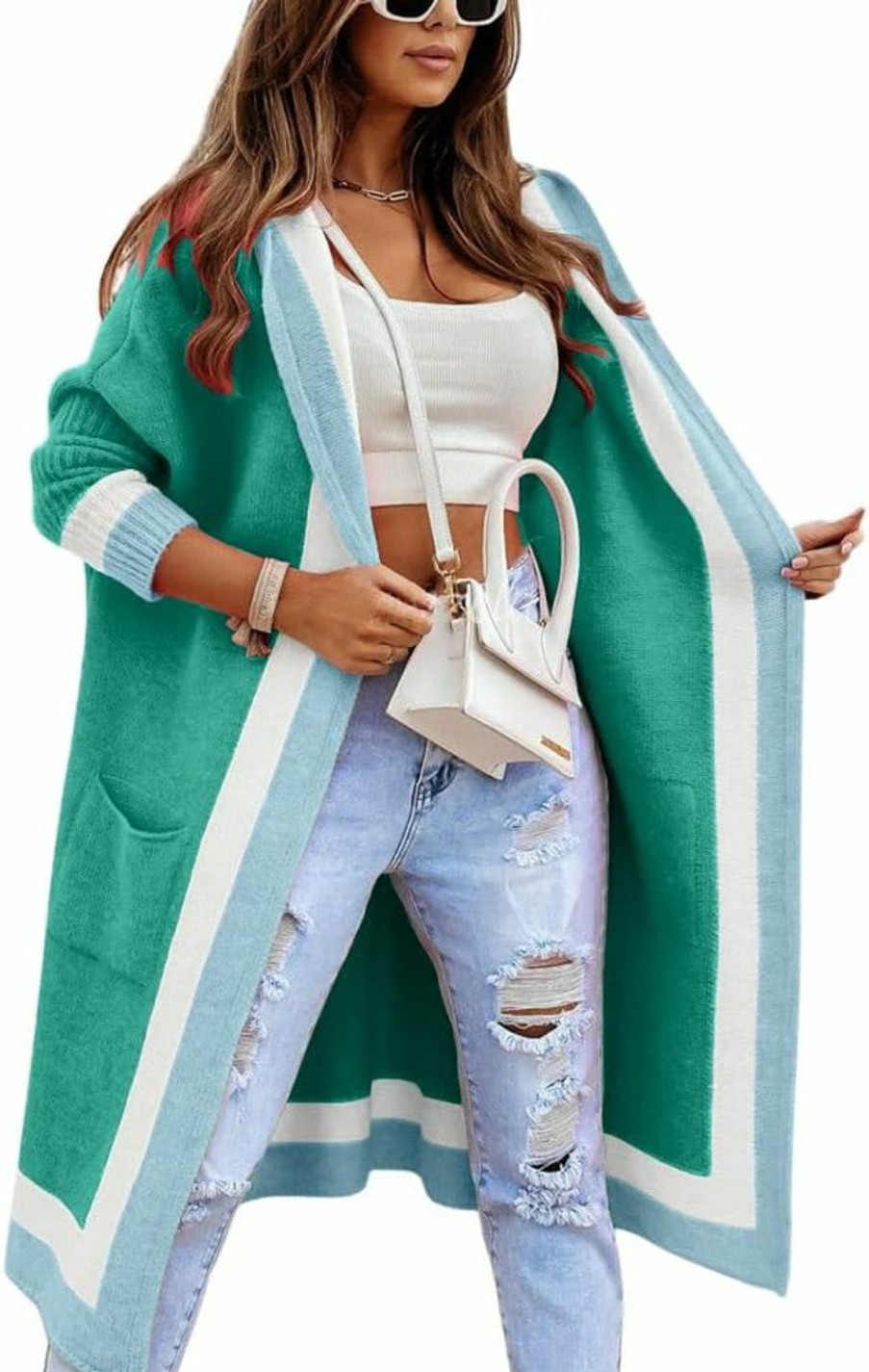 Sweaters | chouyatou Chouyatou Women'S Color Block Vertical Striped Open Front Oversized Hooded Long Cardigan Sweaters With Pockets