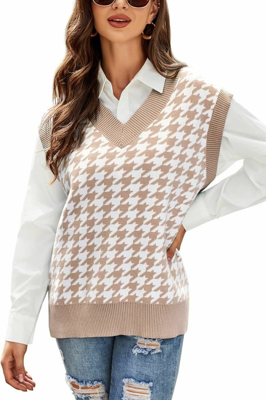 Sweaters | HOCOSIT Hocosit Women'S Knitted V-Neck Vest Argyle Plaid Preppy Style Sleeveless Pullover Crop Sweater Vest