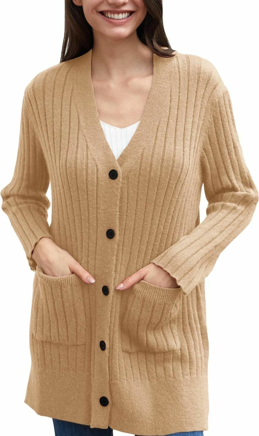 Sweaters | OPREXO Women'S Long Sleeve V-Neck Button Knit Cardigan With Pockets Casual Chunky Sweater Coat