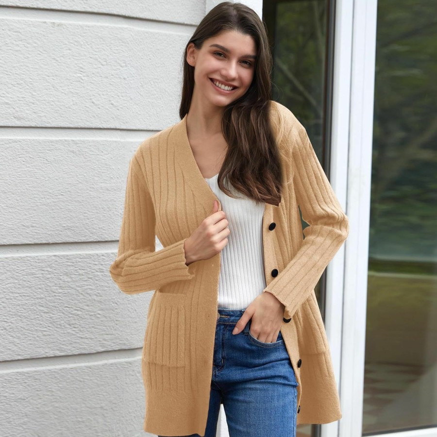 Sweaters | OPREXO Women'S Long Sleeve V-Neck Button Knit Cardigan With Pockets Casual Chunky Sweater Coat