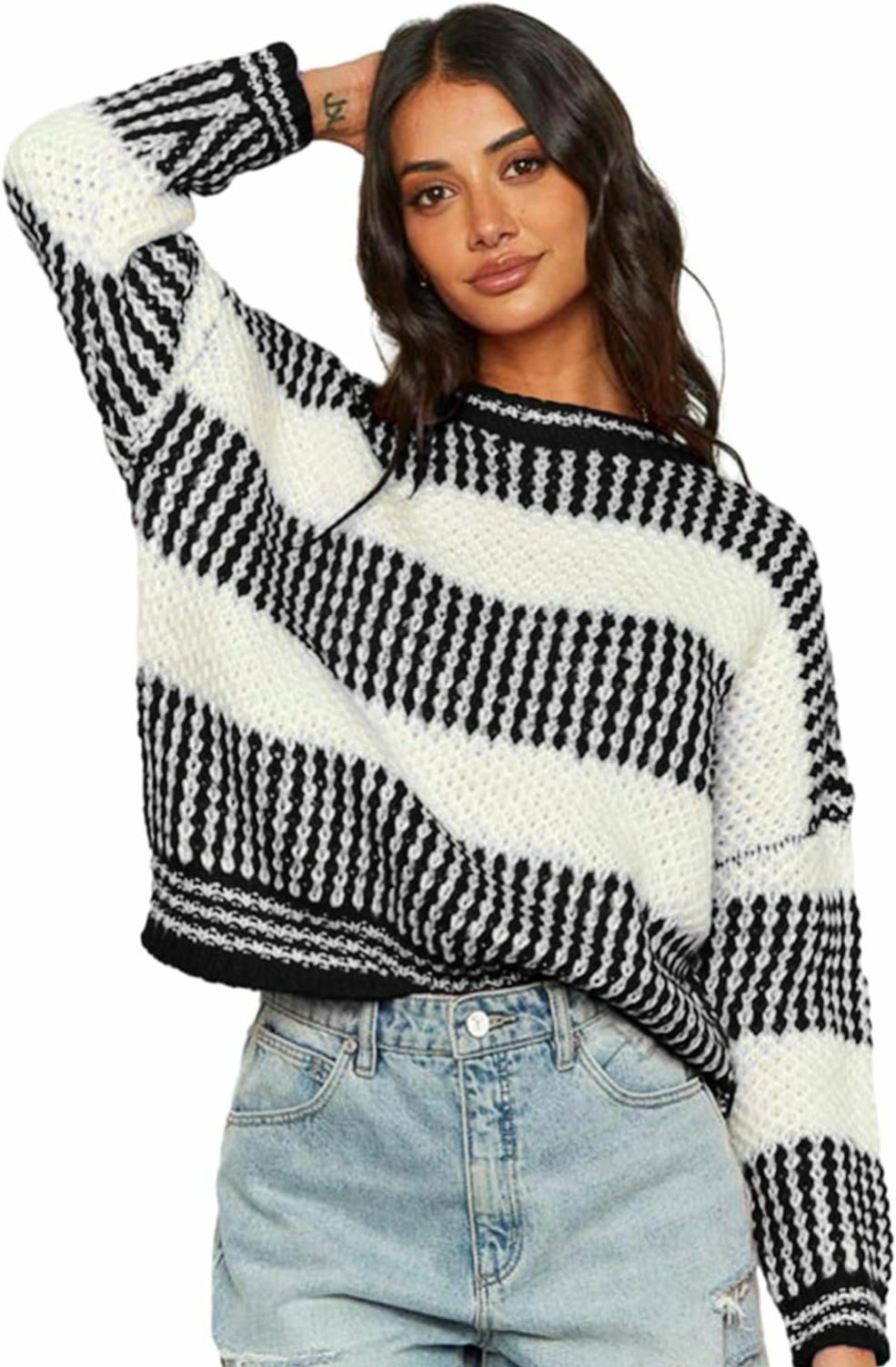 Sweaters | ZAFUL Zaful Women'S Fall Winter Color Block Striped Sweater Crew Neck Sweaters Casual Loose Knitted Sweater