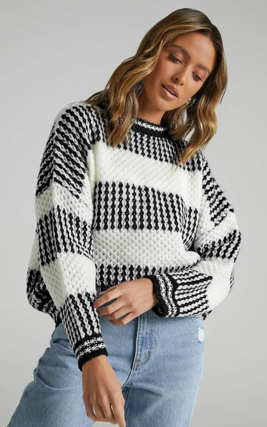 Sweaters | ZAFUL Zaful Women'S Fall Winter Color Block Striped Sweater Crew Neck Sweaters Casual Loose Knitted Sweater